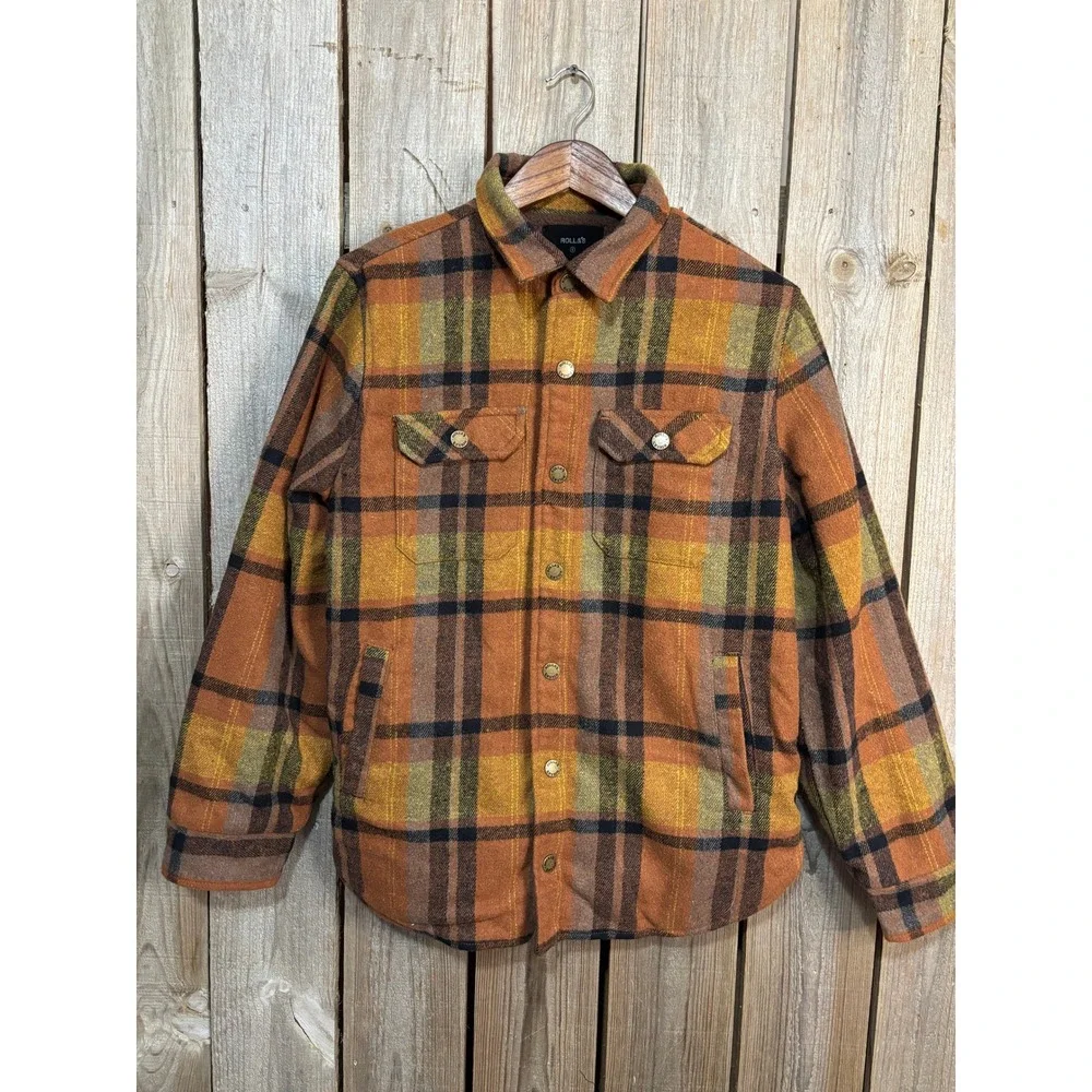 Rollas Mens Sherpa Lined Plaid Flannel‎ Shirt Jacket Orange Yellow Brown Small